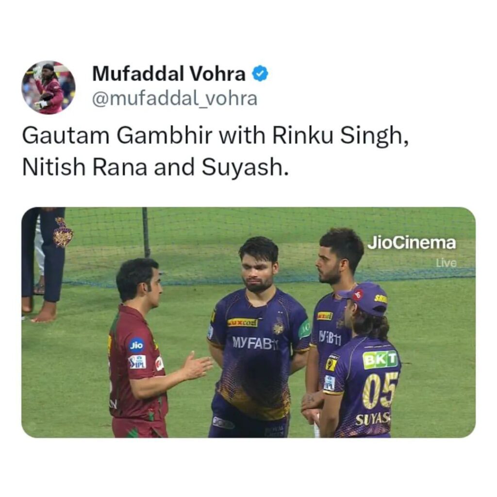 A tweet foe someone  on Gautam Gambhir giving advice to Suyash Sharm, Rinku Singh and Nitish Rana