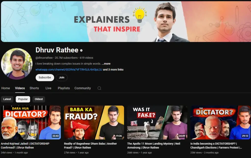 An overview and screenshot of Dhruv Rathee YouTube channel