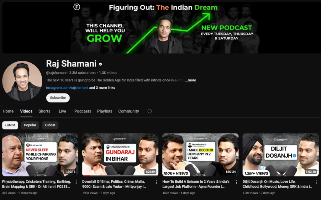 Screenshot of YouTube channel of Raj Shamani