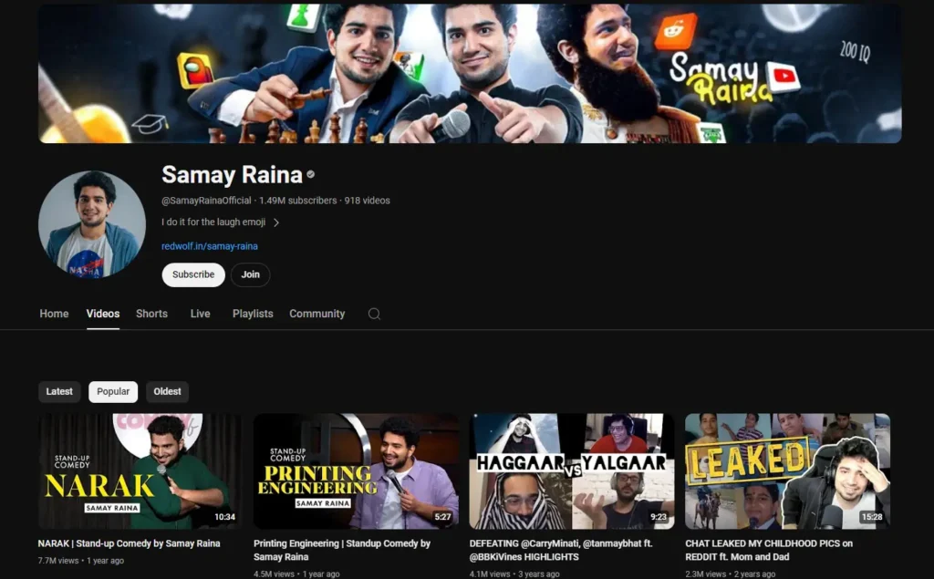 Samay Raina YouTube channel overview